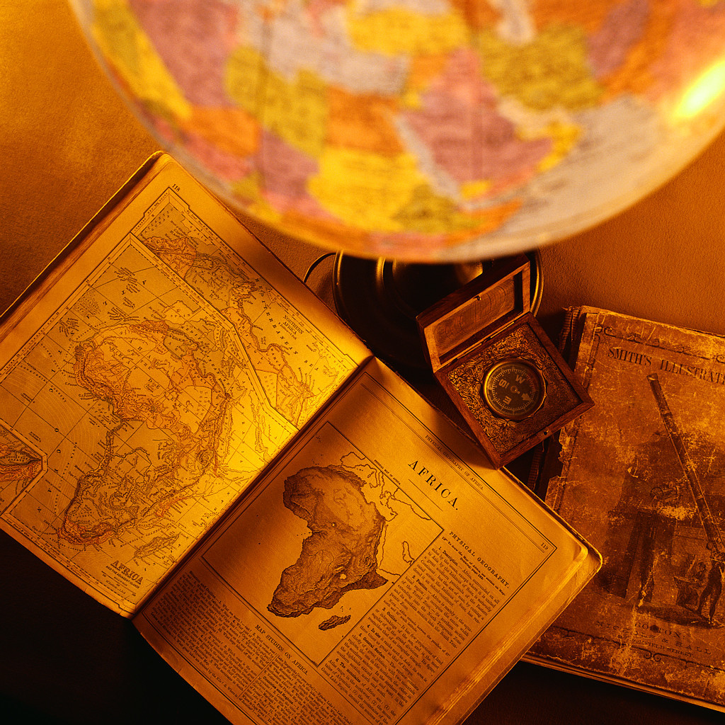 Antique Compass, Maps, and Globe